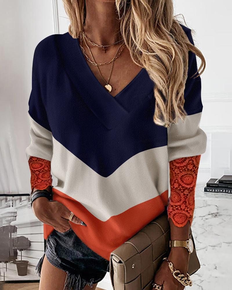 Colorblock Contrast Lace Long Sleeve Top