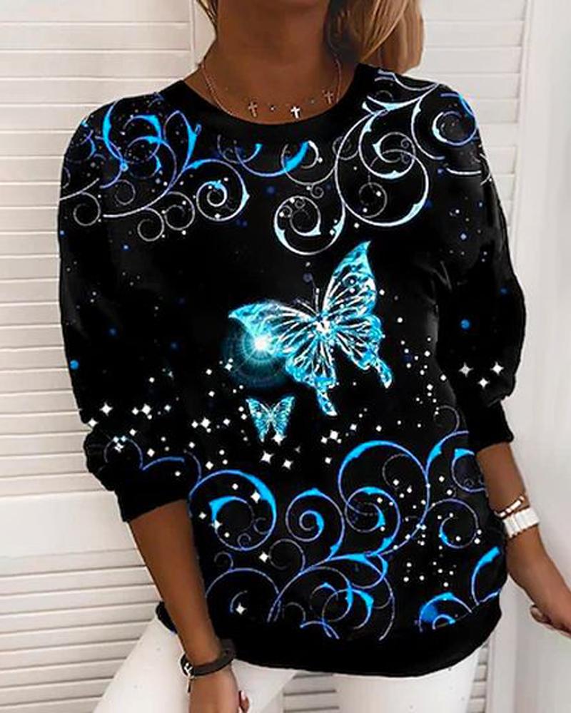 Butterfly Print Long Sleeve Casual Top