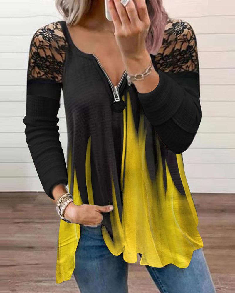 T-shirt & Tees Zipper Design Crochet Lace Patch Colorblock Top