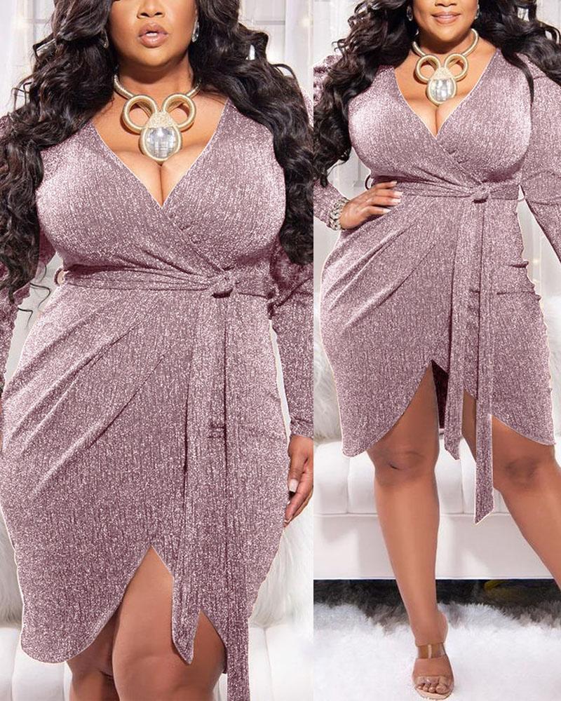 Plus Size Long Sleeve Belted Wrap Glitter Party Dress