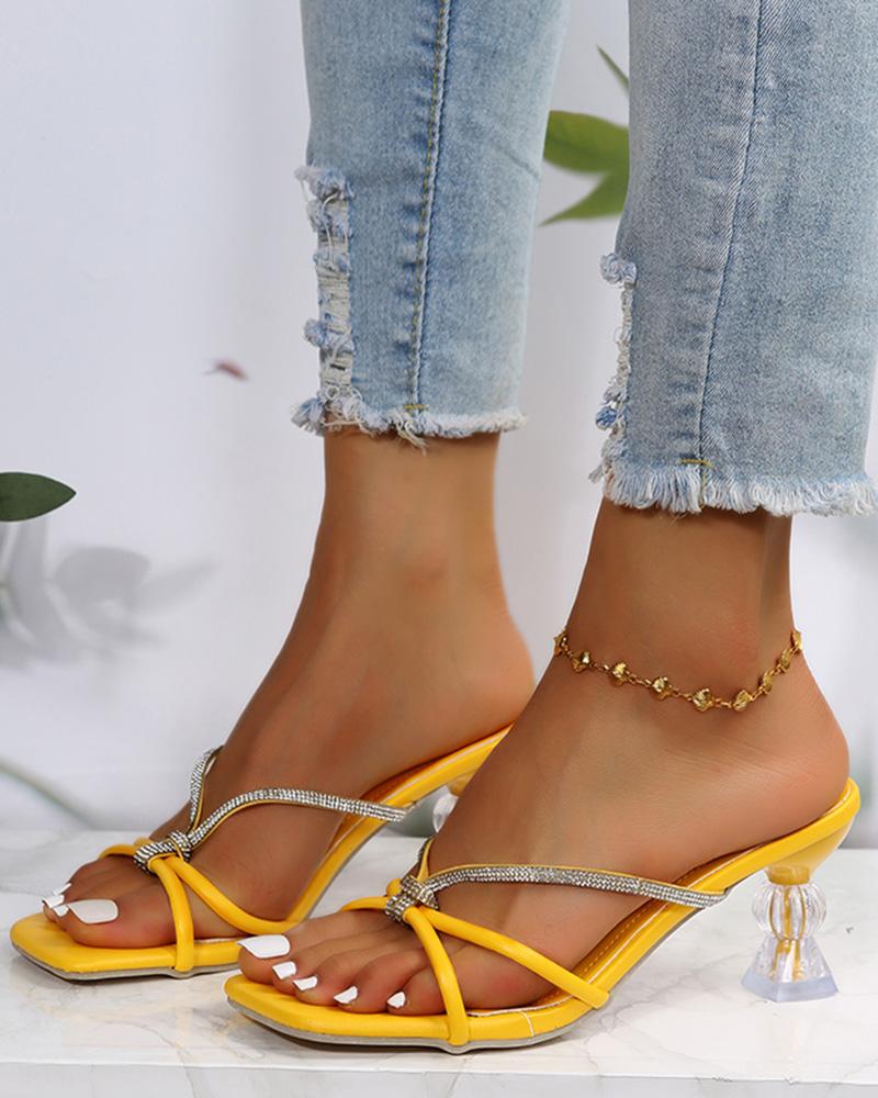 Knot Rhinestone Multi Strap Pyramid Heels