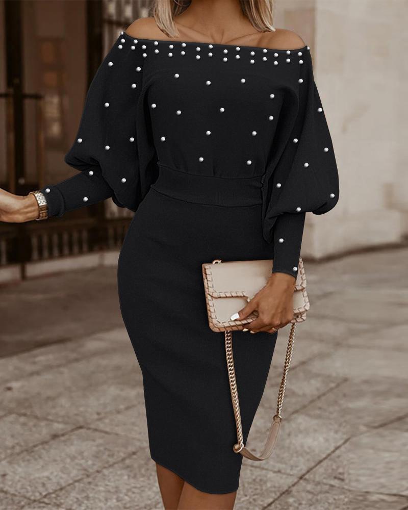 Beaded Decor Off Shoulder Lantern Sleeve Midi Dress