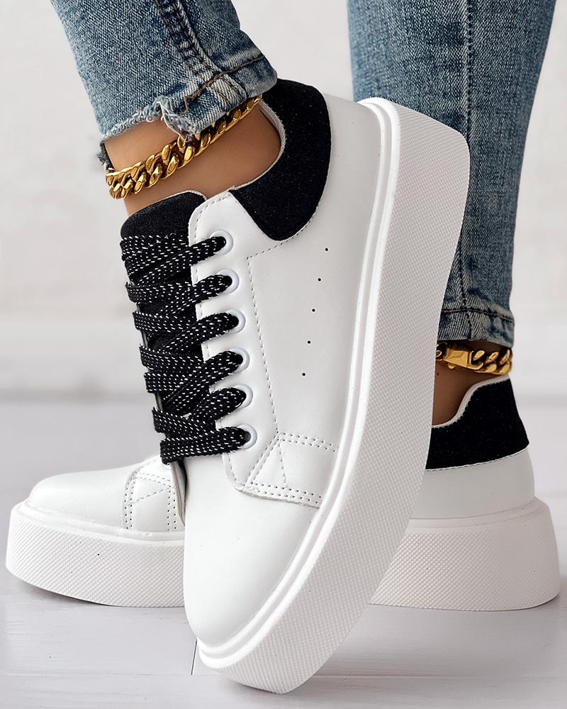 Glitter Colorblock Lace-up Round Toe Sneakers