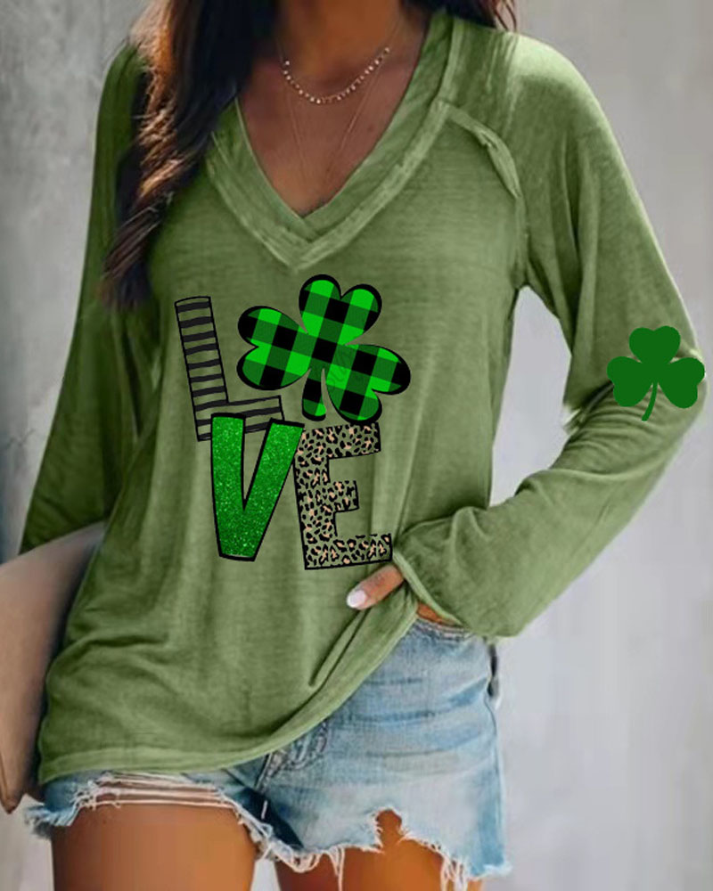 T-shirt & Tees  ChicMe St. Patrick's Day Clover Letter Print Long Sleeve Top