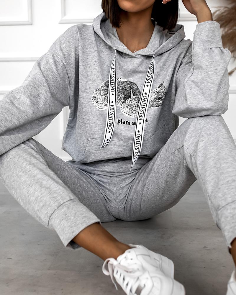 Bear Letter Print Hooded Top & Pocket Design Pants Set