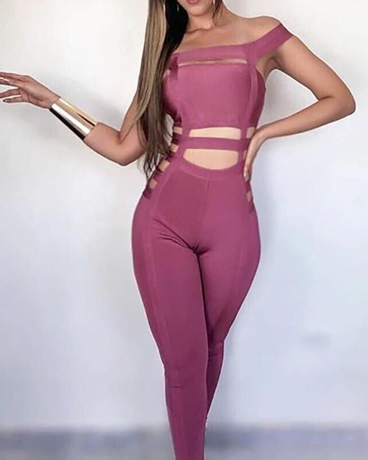 Skinny Off Shoulder Ladder Cut Out Sexy Jumpsuit