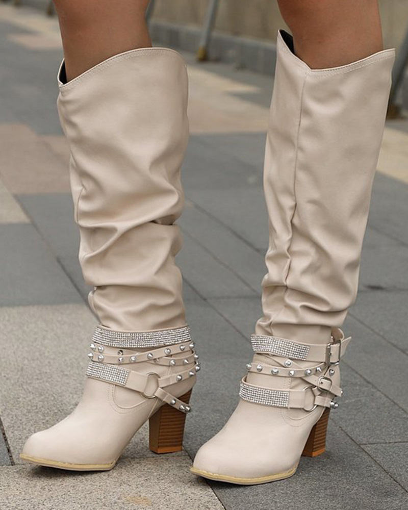 Ruched Rhinestone Decor Studded Buckled Boots