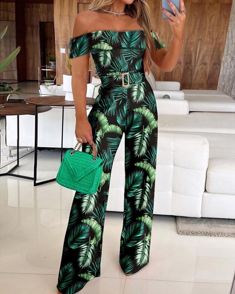 Palm Leaf Print Off Shoulder Jumpsuit