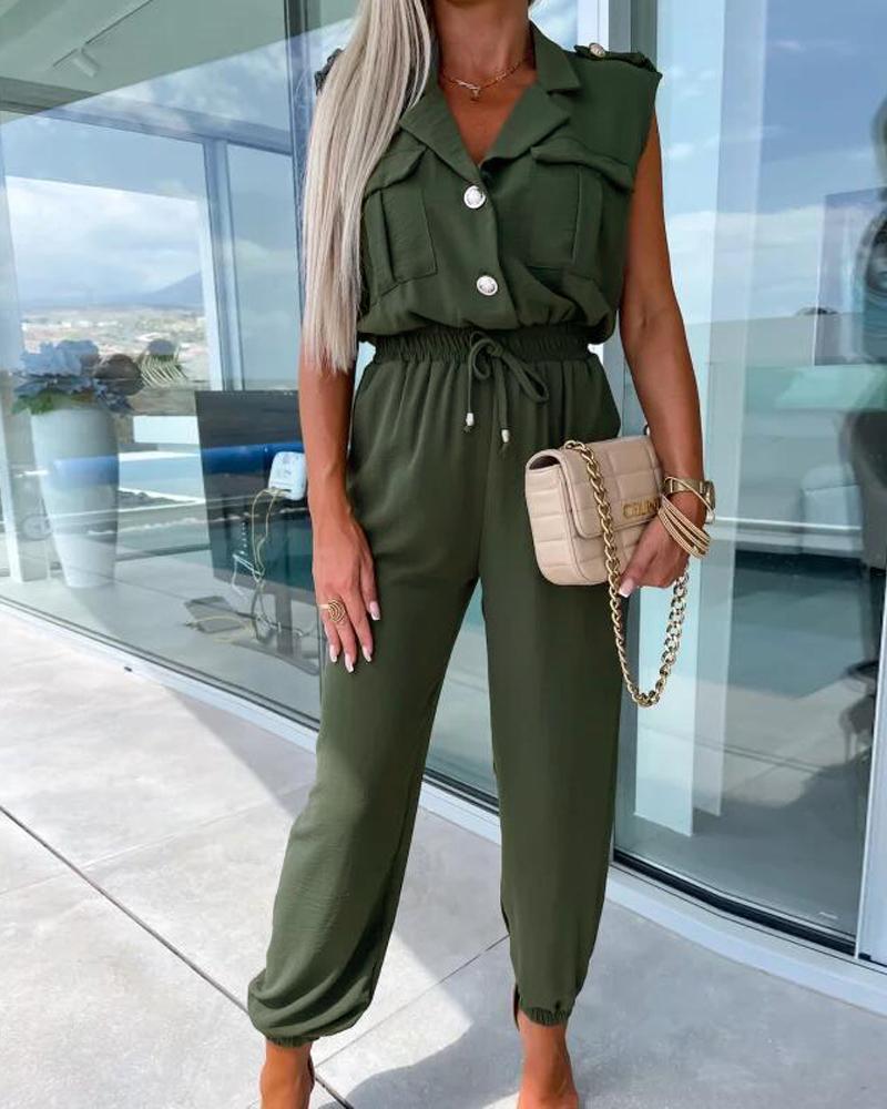 Notched Collar Sleeveless Cuffed Jumpsuit