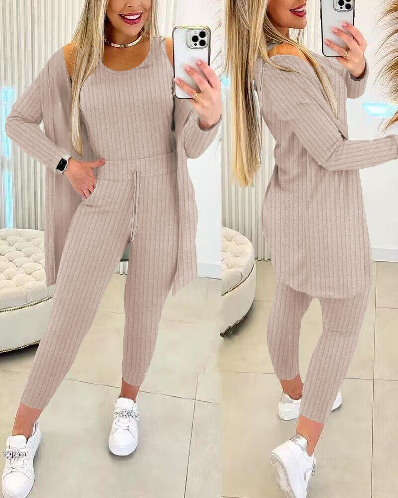 Round Neck Ribbed Tank Top & Drawstring Pants Set