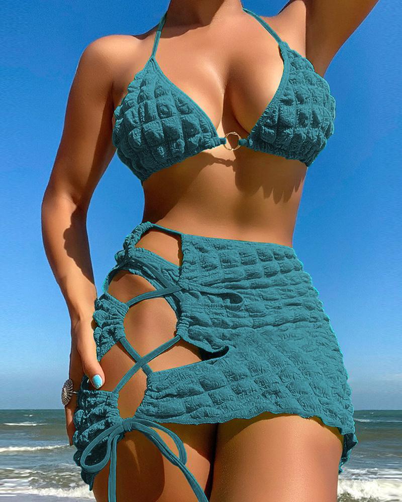 3PCS O-Ring Halter Textured Bikini Set With Cover Up