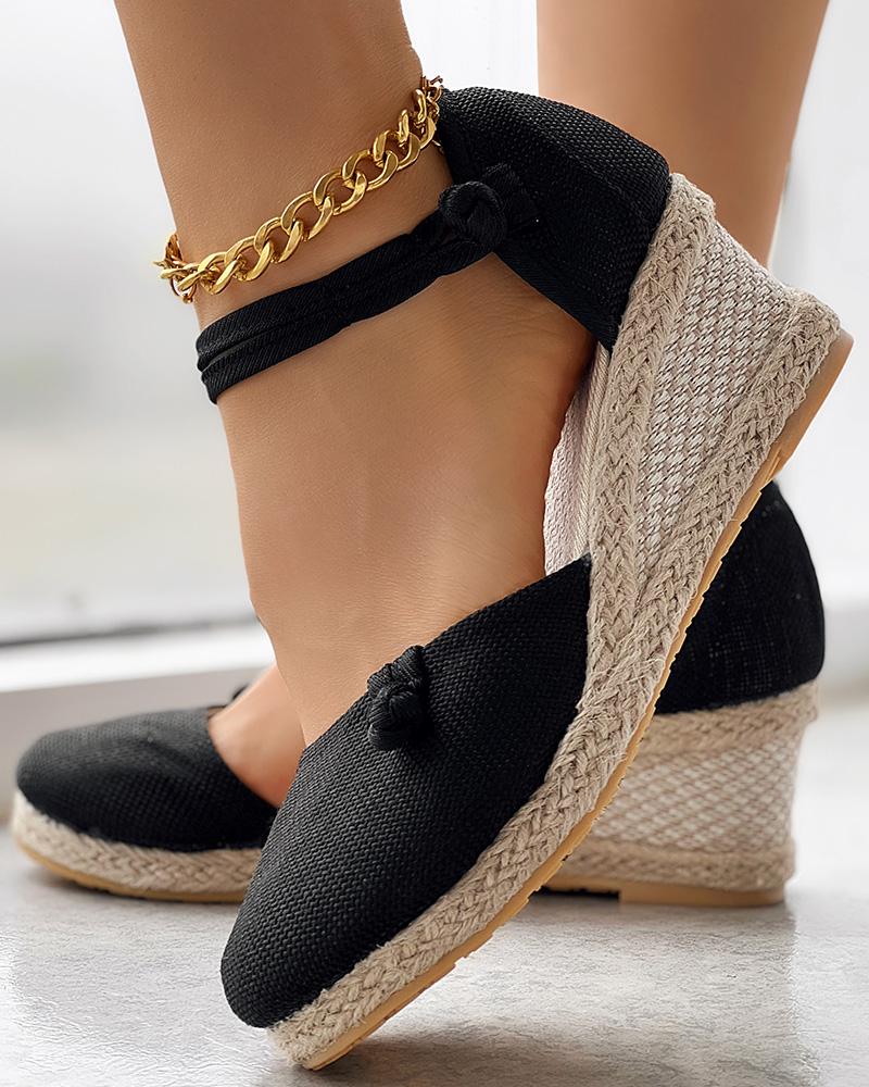 Wedges Shoes Braided Espadrille Knot Button Ankle Strap Wedge Sandals