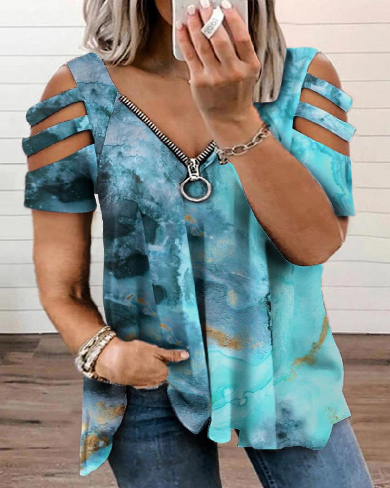 Plus Size Marble Print Cutout Zipper Design T-Shirt