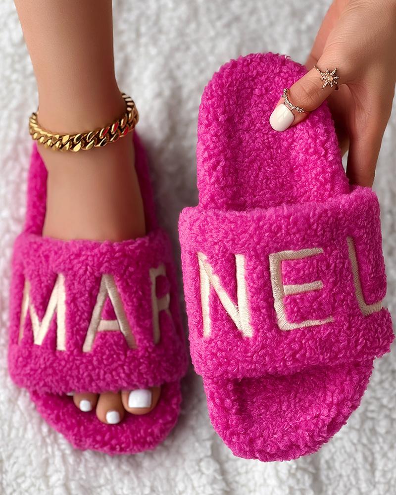 Letter Embroidery Fuzzy Winter Slippers