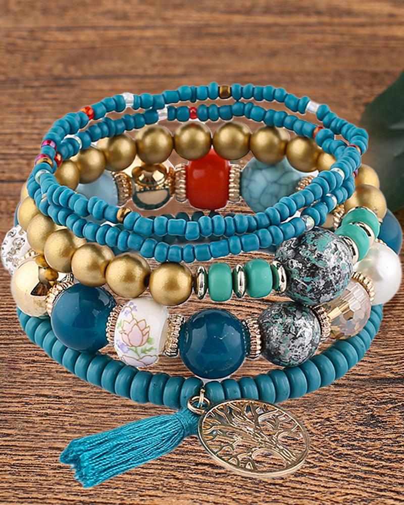 1pc Bohemian Beaded Hollow Out Geometric Tassel Multi-layer Bracelet