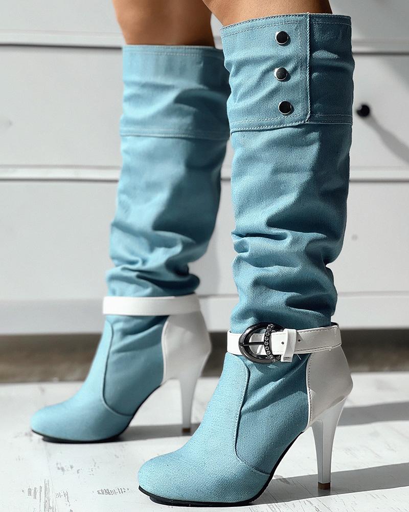 Denim Buckled Stiletto Heel Boots