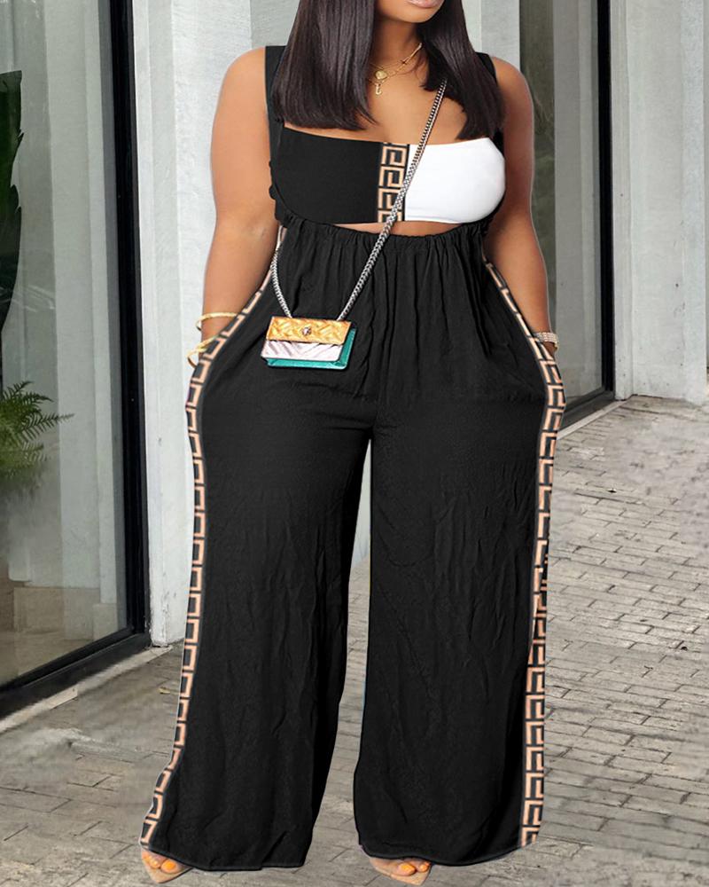 Plus Size Colorblock Geometric Print Crop Top & Suspender Jumpsuit Set