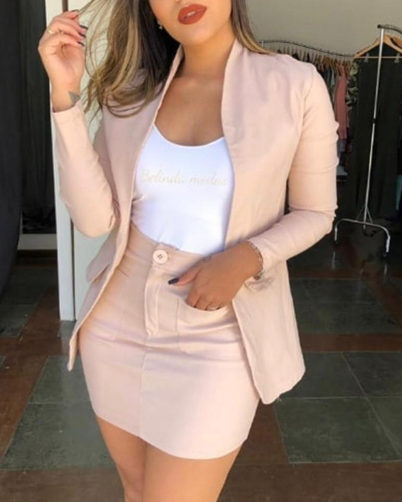 Long Sleeve Blazer Coat & Pockets Skirt Set