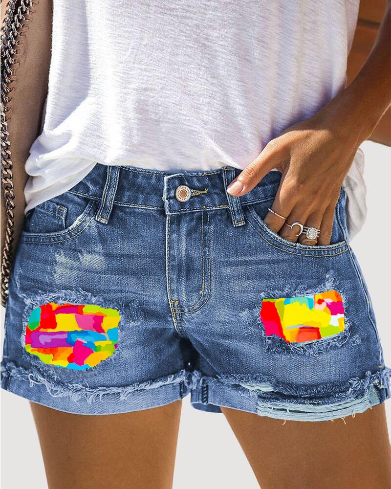 Melting Colors Print Patchwork Ripped Denim Shorts