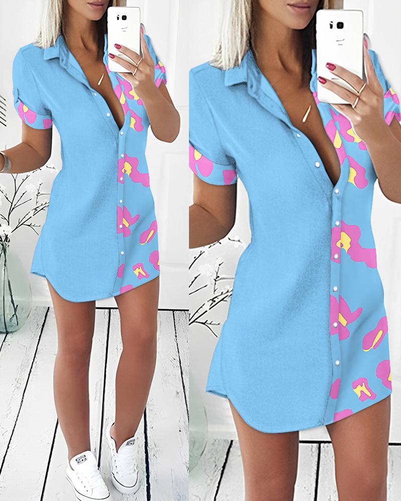 Leopard Print Colorblock Buttoned Shirt Dress