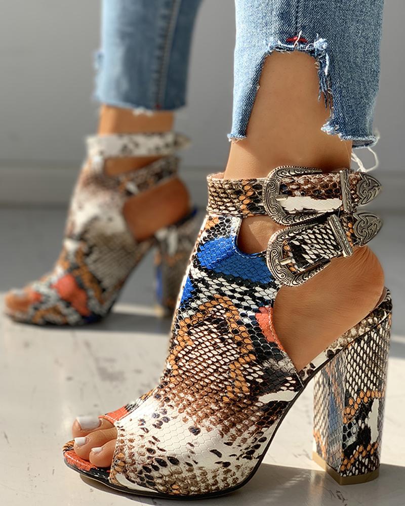 BIKER-BOOTS  ChicMe Snakeskin Ankle Buckled Chunky Heels