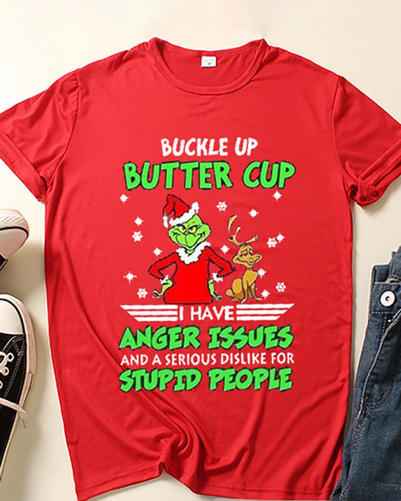 Christmas Short Sleeve Snowflake Graphic Letter Print T-shirt
