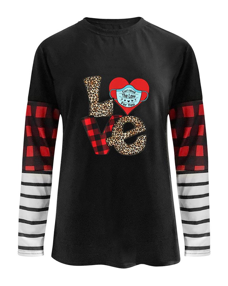 T-shirt & Tees  ChicMe Valentine's Day O-Neck Striped Plaid Heart Letter Print Top