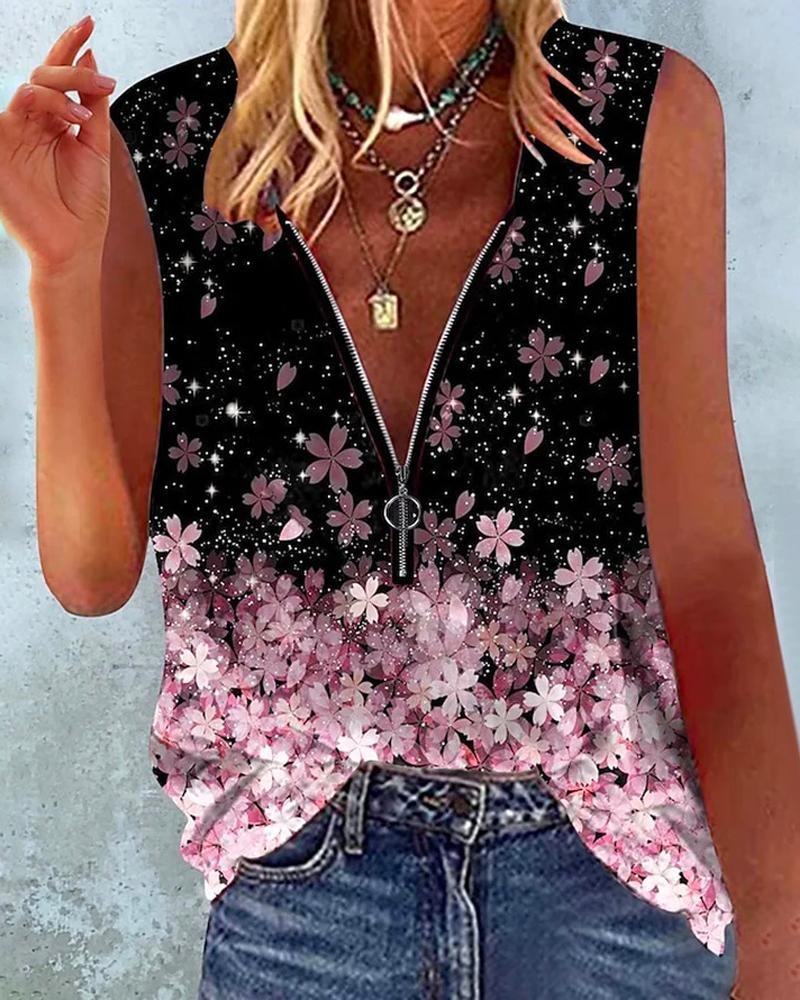 Cherry Blossoms Print Zip Front Casual Tank Top