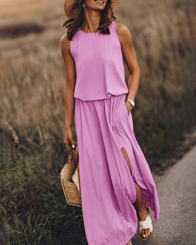 Pocket Detail Slit Casual Tank Dress