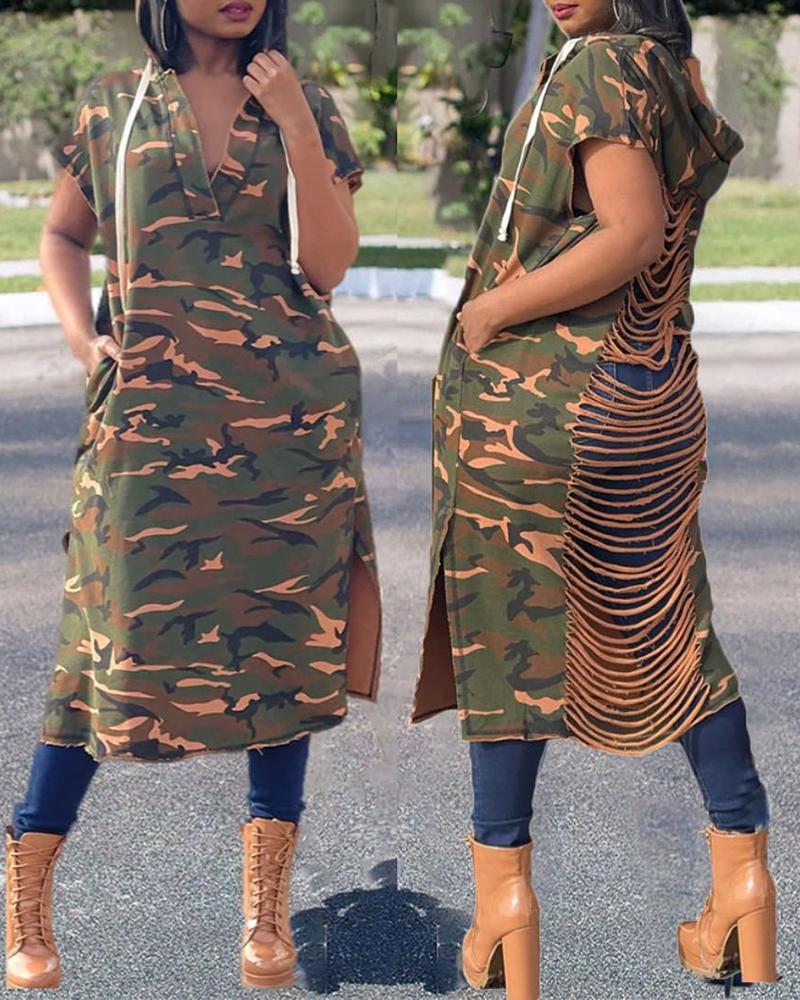 Casual Dresses Camouflage Print Slit Cutout Drawstring Sweatshirt Dress