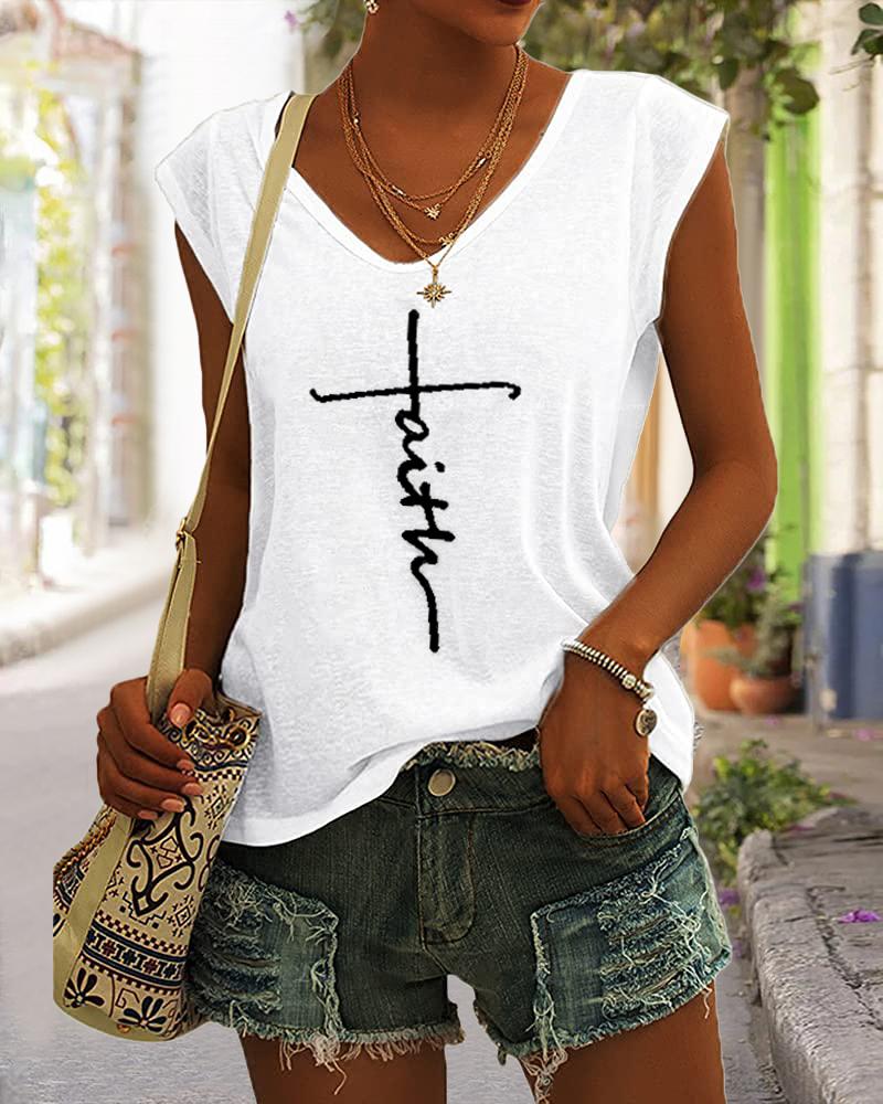 T-shirt & Tees Faith Print V-Neck Cap Sleeve T-shirt