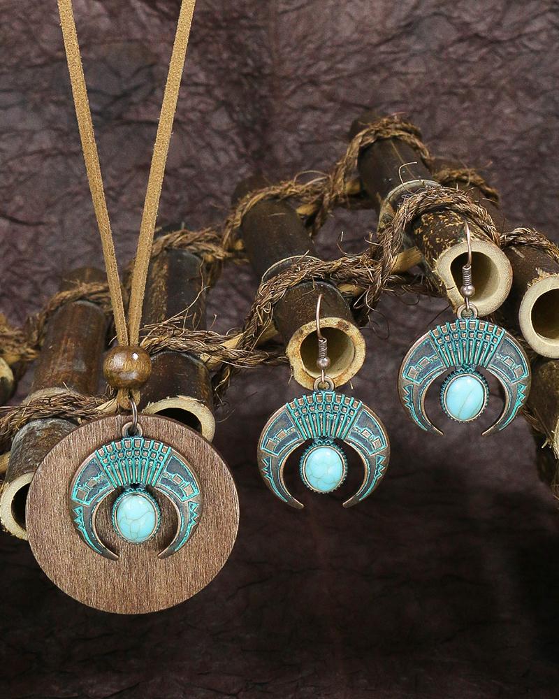 2pcs Bohemian Turquoise Geometric Pendant Necklace & Earrings Jewelry Set