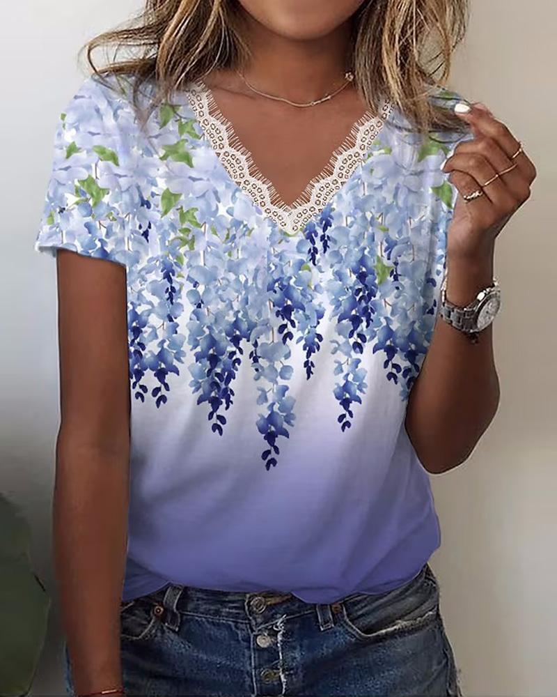 T-shirt & Tees  ChicMe Plants Print Lace Trim Casual T-shirt