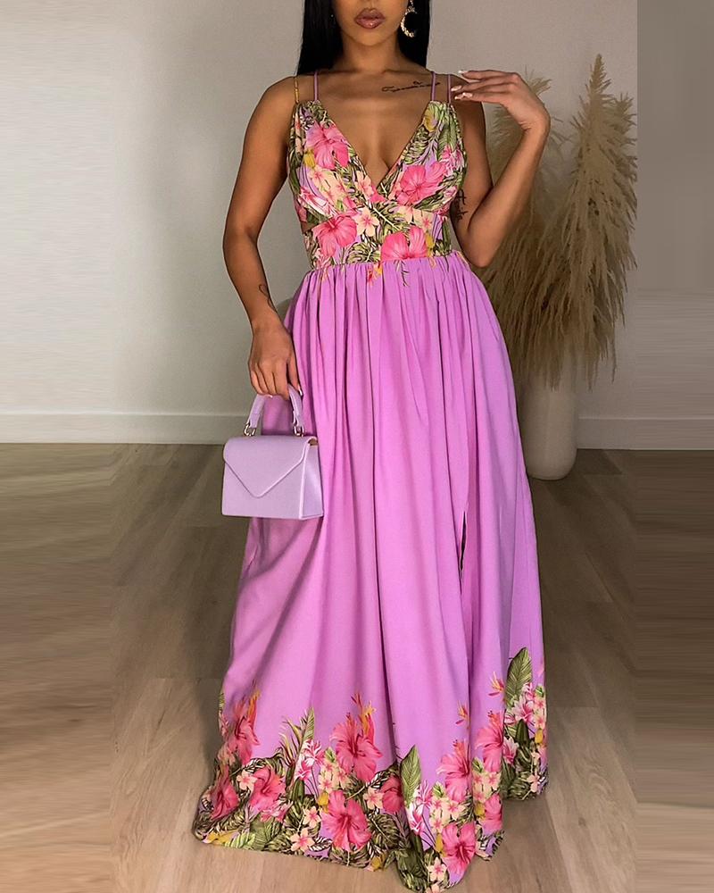 Floral Print Double Strap Slit Cutout Maxi Dress