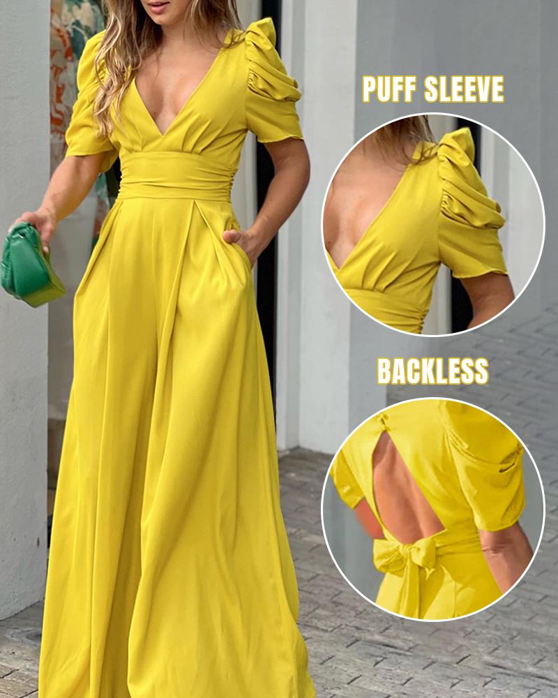 Puff Sleeve Plunge Wide Leg Jumpsuit