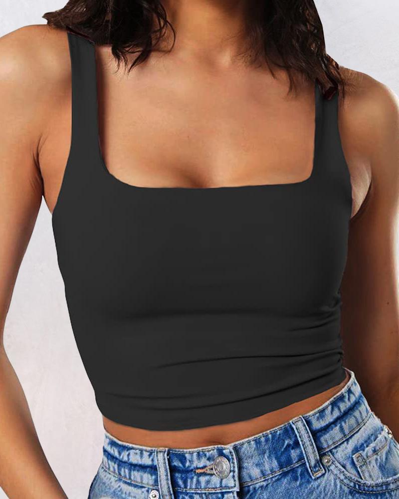 Thin Strap Square Neck Double Layer Workout Fitness Crop Tank Top