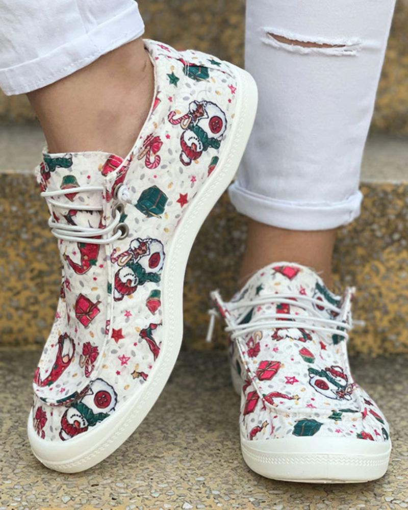 Christmas Graphic Print Lace-up Canvas Slip-On