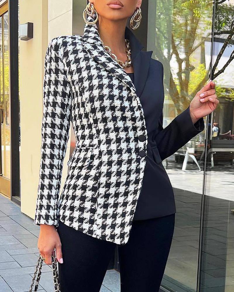 Houndstooth Print Long Sleeve Blazer