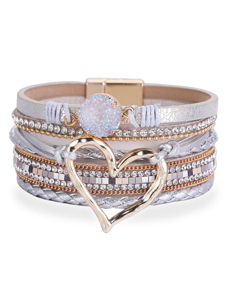 1pc Tribal Multi-layer Heart Pattern Rhinestone Magnet Wide Bracelet