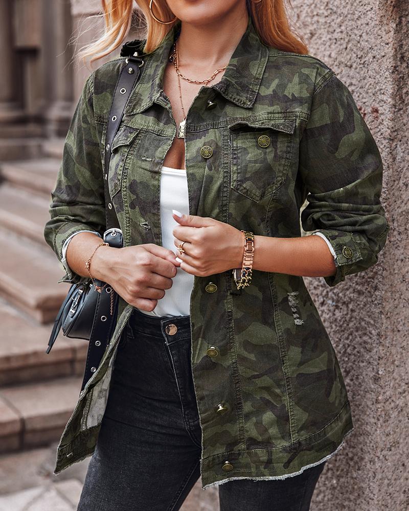 Camouflage Print Buttoned Pocket Design Jacket