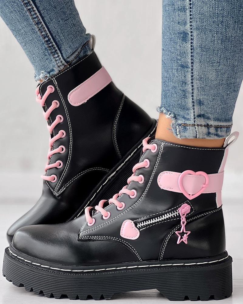 Heart Buckled Zipper Design Lace-up Ankle Boots