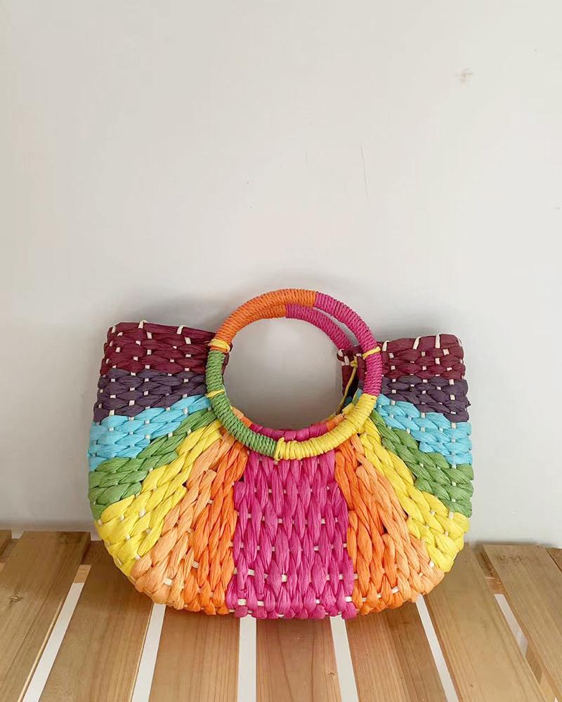 Colorblock Straw Round Beach Handle Handbag