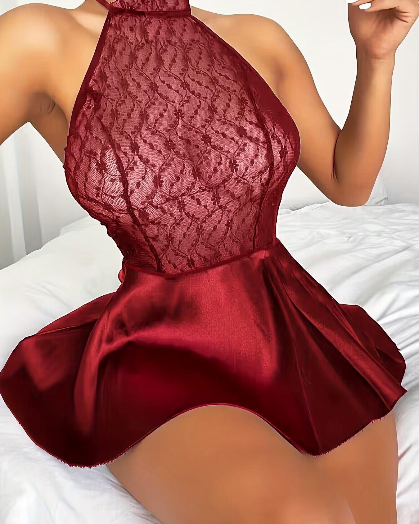 Bowknot Decor Backless Halter Lace Babydoll