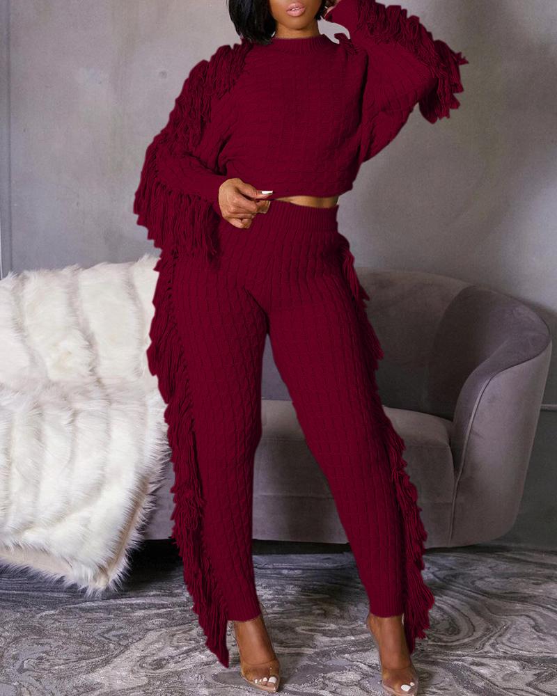 Tassel Design Knit Top & High Waist Pants Set