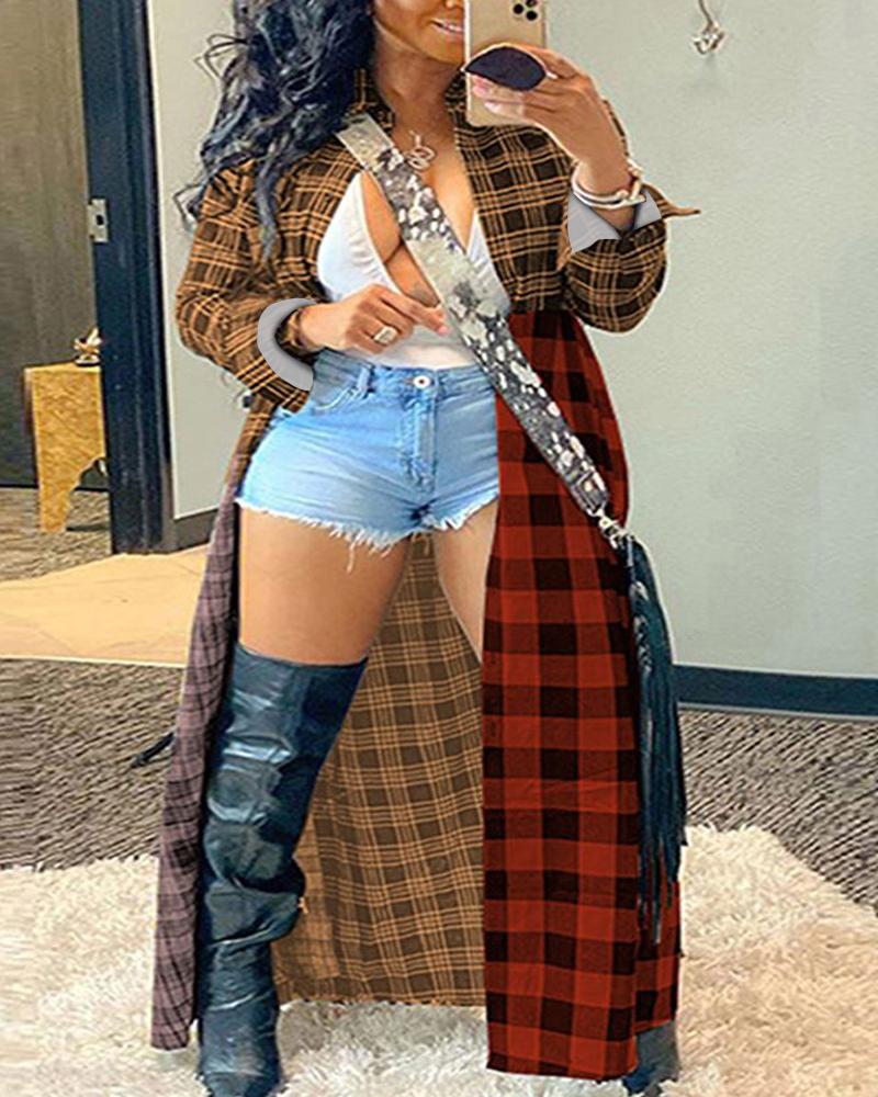 Plus Size Plaid Print Colorblock Longline Coat