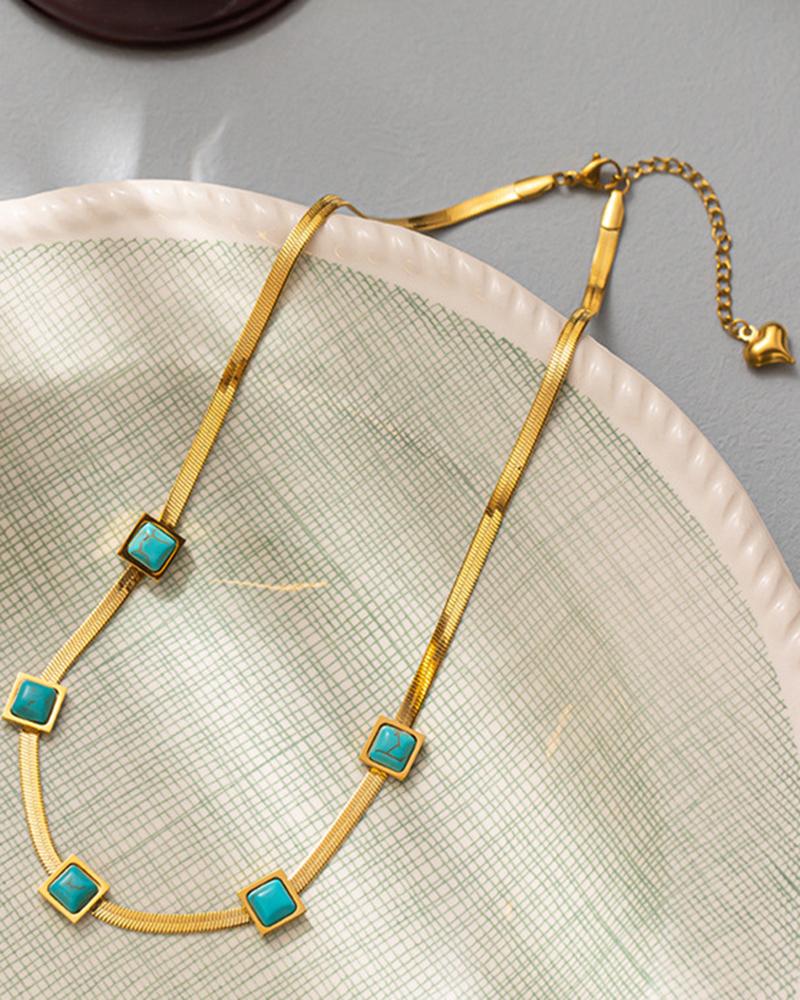 1pc Square Turquoise Herringbone Chain Necklace