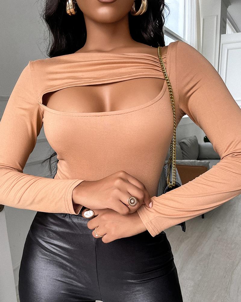 T-shirt & Tees Cutout Front Asymmetrical Neck Long Sleeve Top