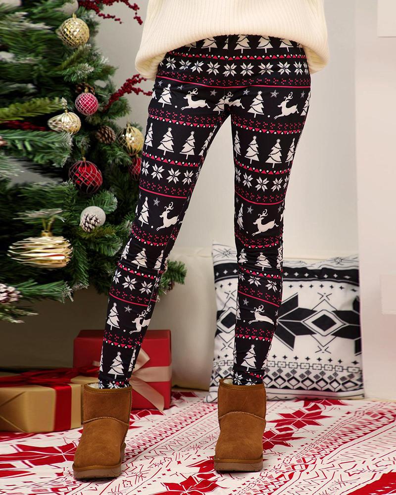 Christmas Snowman / Tree / Moose / Snowflake Print Skinny Pants