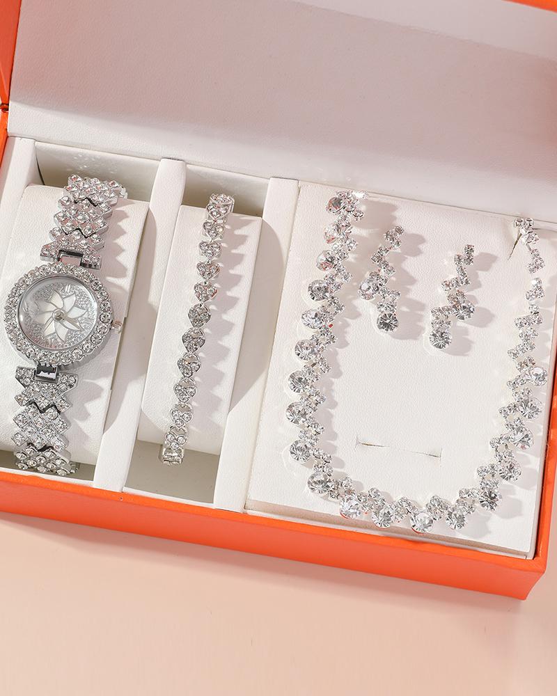 Watches  ChicMe 4pcs Mother's Day Gifts Allover Rhinestone Quartz Watch & Bracelet & Drop Earrings & Necklace Jewelry Set