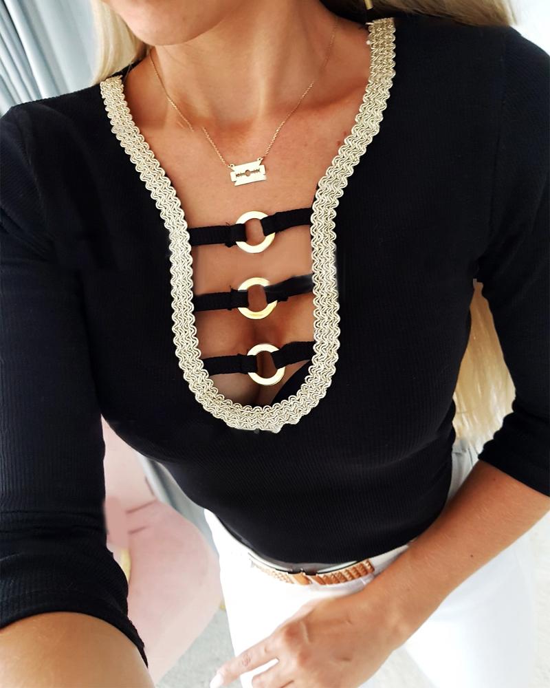 O-Ring Decor Tape Patch Long Sleeve Top